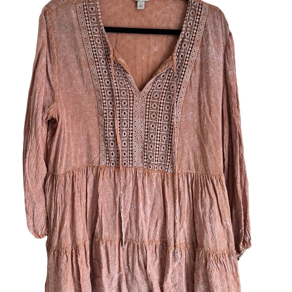 Cato Boho Peachy Brown Vintage Looking Babydoll Top Sz L